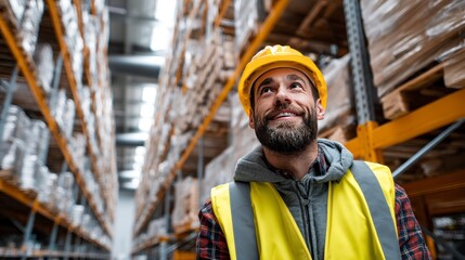 Warehouse Worker Looking Up in Distribution Center