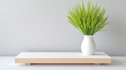 Minimalist display with a vase of green grass