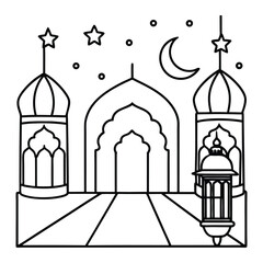 Illustration of a Mosque with Crescent Moon and Stars for Ramadan