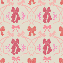 Seamless pattern with cute hand drawn fancy pink bow knots. Pretty retro coquettes wallpaper. Vintage romantic repeat background for wedding, birthday or Valentines decoration. Vector illustration