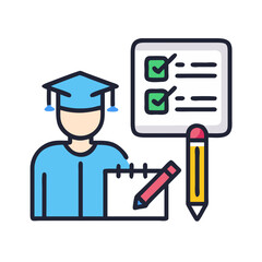 Graduate with checklist and pencil on black background