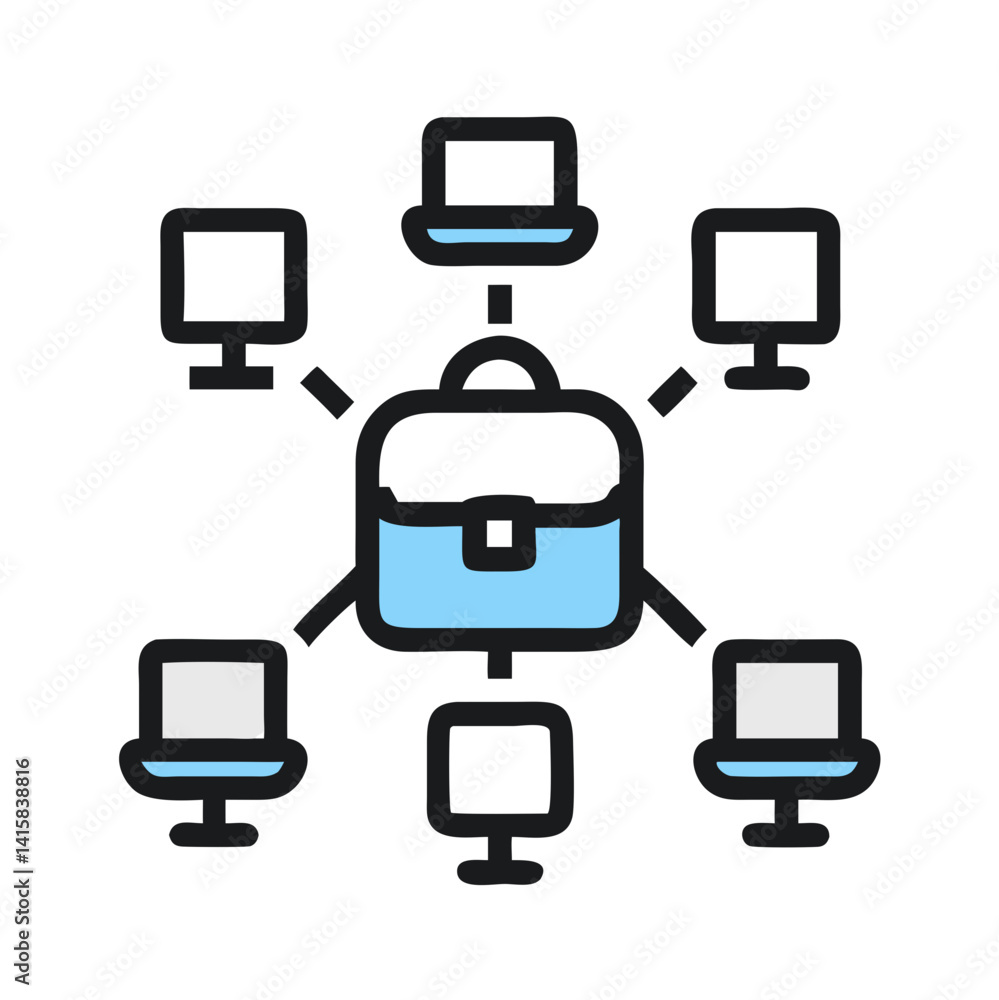 Aufkleber decentralized business with computers and briefcase icon