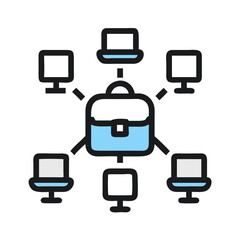 Decentralized business with computers and briefcase icon