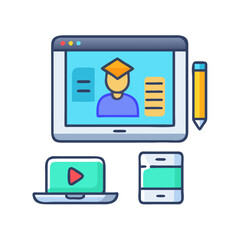 Online education, tablet, laptop, phone, and writing utensil