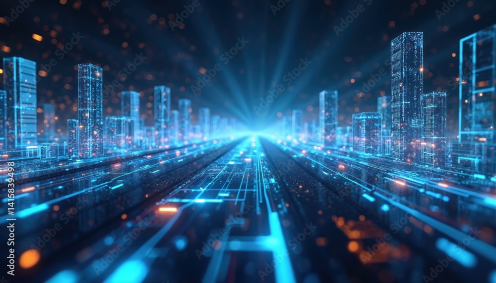 Poster digital city network tech concept. abstract lines construct big data cyberspace background. futurist