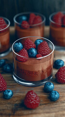 Chocolate Berry Mousse Cups with Raspberries and Blueberries on Wooden Background
