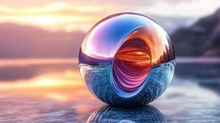 A premium 3D rendering of a chrome-textured sphere with intricate surface patterns, reflecting colorful gradients