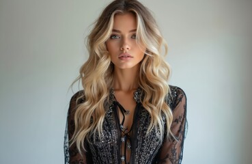 Fototapeta premium Beautiful young woman with blonde curly hair in studio. Model wears black dress, poses against white background. Attractive face expression, fashionable design, beauty, elegance, glamour, sensuality.