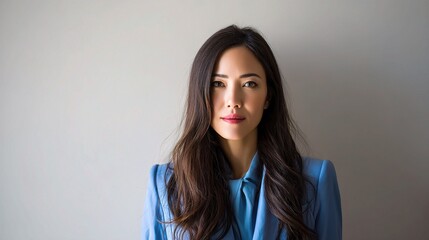 Fototapeta premium Elegant Asian Businesswoman in Blue Attire with Long Dark Hair