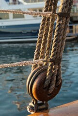 Deadeye mounted to bulwark secure sailing ship shroud lines