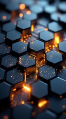 Futuristic Hex Pattern Phone Wallpaper &ndash; Black Texture with Glowing Edges & Sparks | Vertical HD Mobile Tech Background

