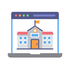 Online education: school building shown on a laptop screen