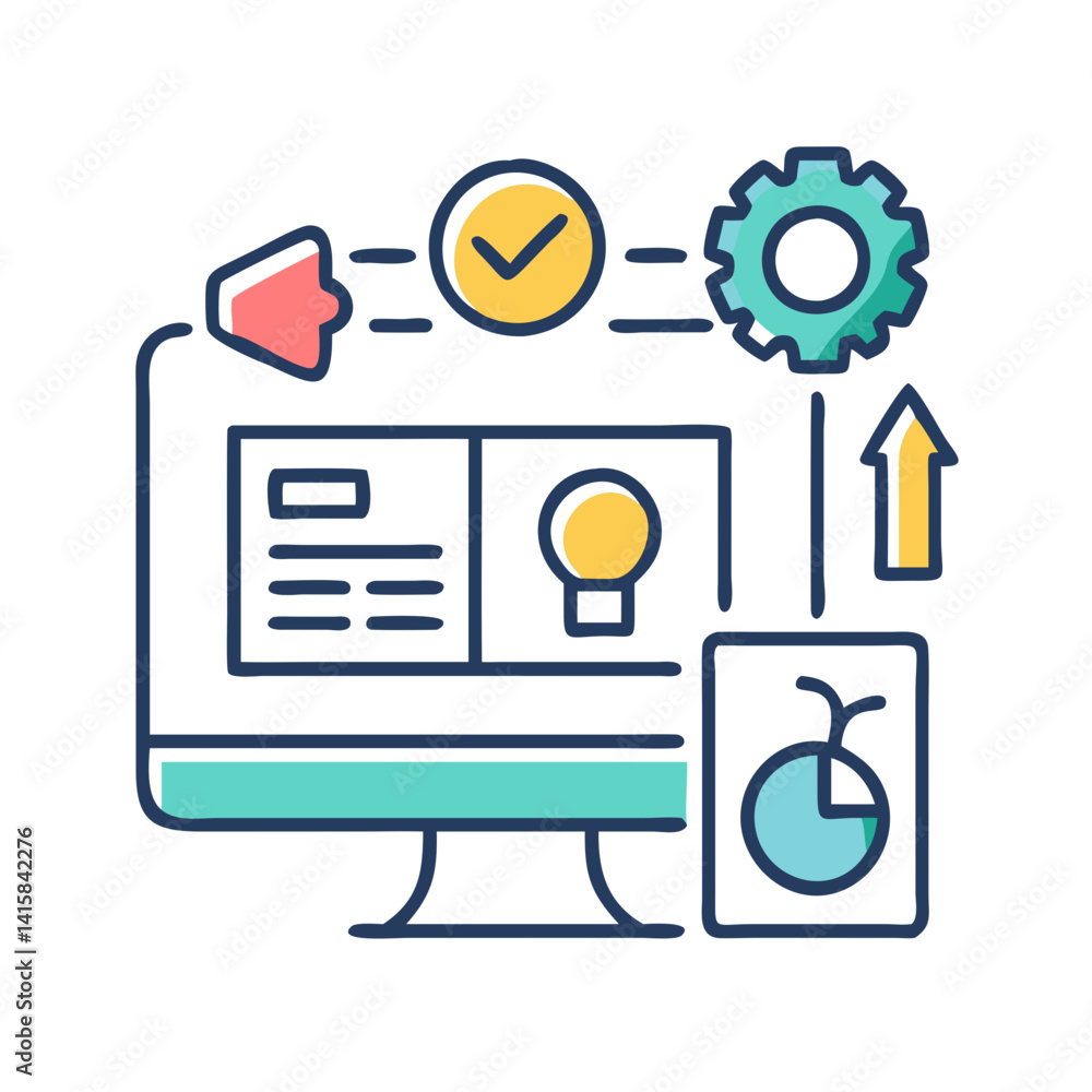 Poster web development process on computer with icons concept