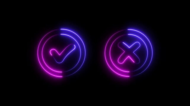 tik mark and crosh icon animation glowing neon circle sign symbol on black background