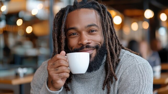 A man with dreadlocks is smiling while holding a white coffee cup