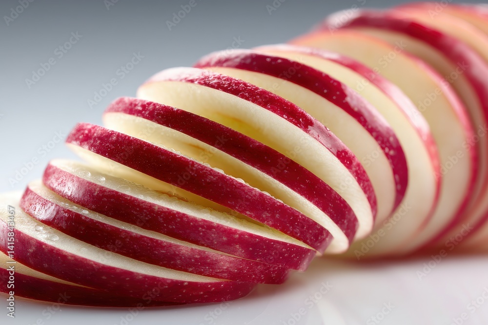 Poster macro shot of a sliced red apple, beautifully arranged to highlight the texture and color, against a