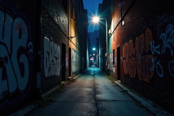Obraz premium Dark urban alleyway with graffiti-covered walls and a solitary streetlight, darkness, edge, alleys