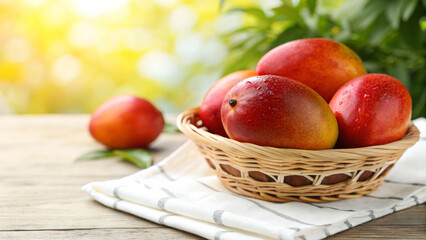 Mango in wicker basket in front view some mango on table in Natural sunny day time with warm sunlight of close view 