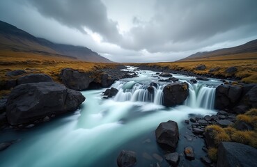 Scenic nature photo of a waterfall cascading into river. Icelandic landscape includes mountains, rocks, water stream. Peaceful view of fall season. Nature tourism, travel adventure.