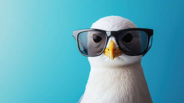 Silly portrait of a seagull with oversized dark sunglasses and a smug expression, minimal background