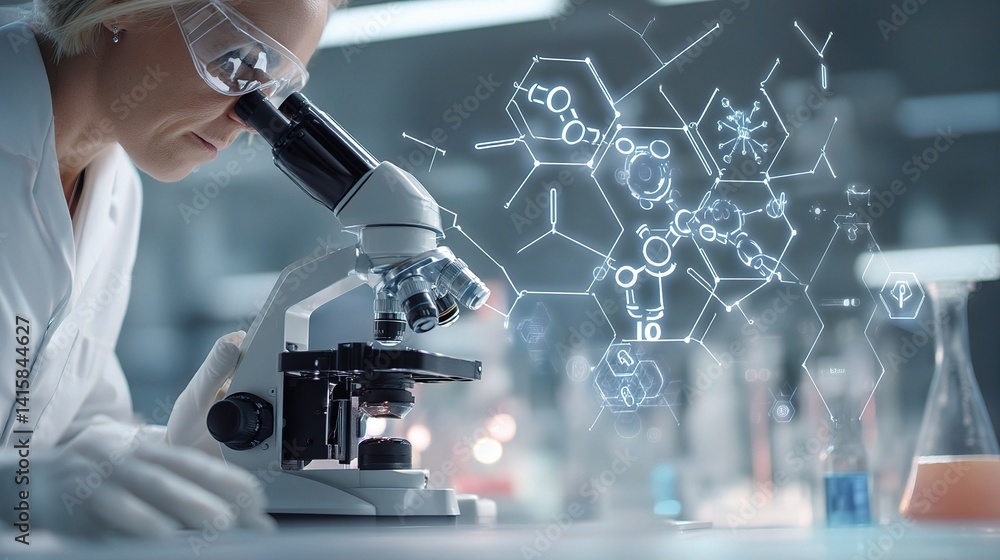 Poster researcher using microscope in laboratory with digital elements