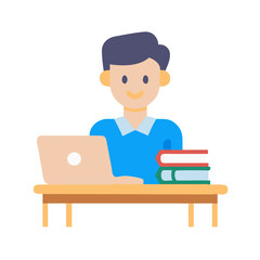 Student studying online with laptop and books icon