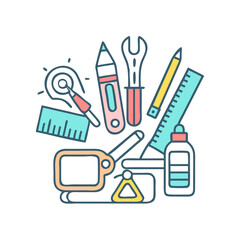 Colorful Technical Drawing Tools on Black Background Illustration