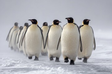 Obraz premium A captivating view of a line of Emperor Penguins trudging through the snowy plains, showcasing their resilience against the icy Antarctic conditions in a natural habitat.