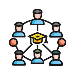 Education network with people connected by graduation cap