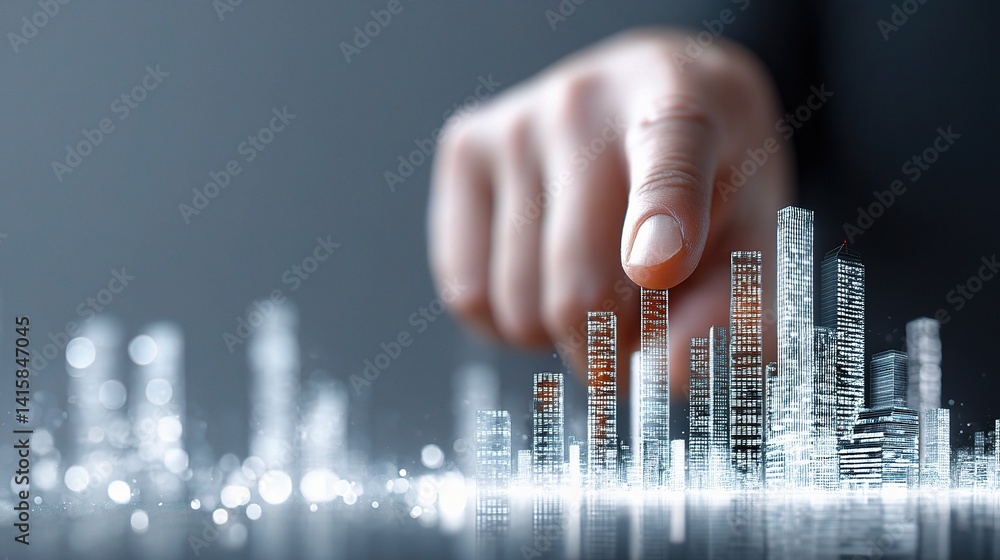 Poster hand pointing at virtual financial bar chart in a futuristic setting