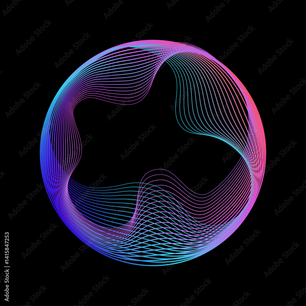 Leinwandbilder Abstract Gradient Wavy Lines Circle Shape isolated on Black Background with copy space. Neon iridescent blend line round frame. Vector design element for banner, poster, flyer. 