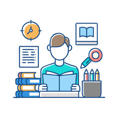 Student reading at a desk with books and clock