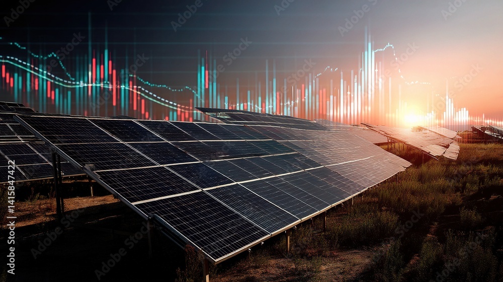 Poster glowing solar panel field under sunset with data visualizations