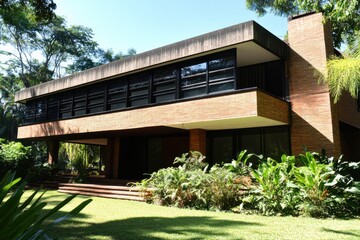 Fototapeta premium Modern architecture featured in a stunning building surrounded by lush greenery in a serene outdoor setting during clear sunny weather