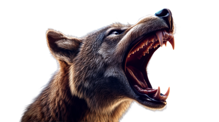 Ferocious wolf roars loudly with visible teeth and dark fur against a stark black background.