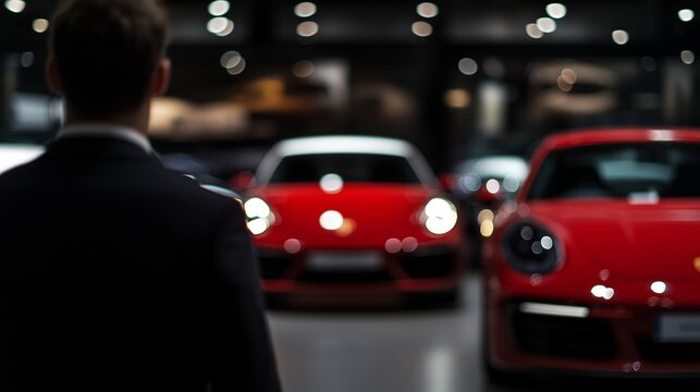 Man in a suit gazing at luxury cars in a modern showroom