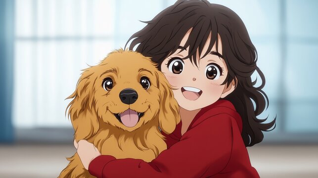 Animated girl is hugging her golden retriever dog indoors, both looking happy and content together in a loving embrace!