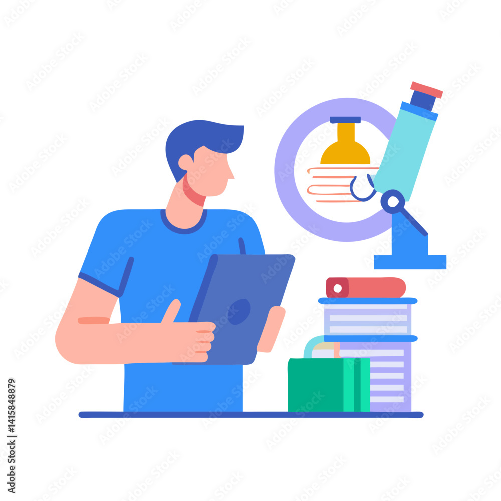 Poster scientist using tablet with microscope and book stack
