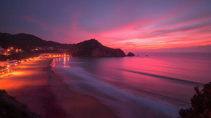 Fototapeta premium Serene coastal sunset pink and purple sky over calm ocean and rocky coastline