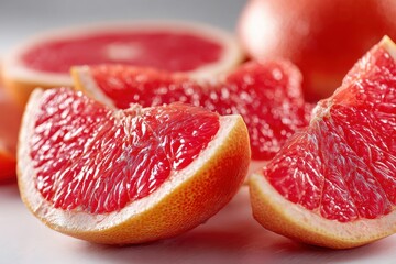 Macro shot of fresh grapefruit slices displaying vibrant pink color and juicy texture, a healthy and refreshing fruit option with a citrus aroma and sweet taste.