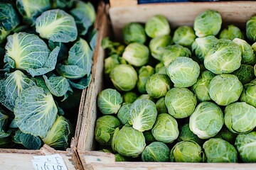 Fresh Brussels Sprouts and Cabbage in Wooden Crates at Market