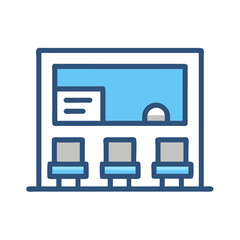 Waiting room icon with chairs and information screen