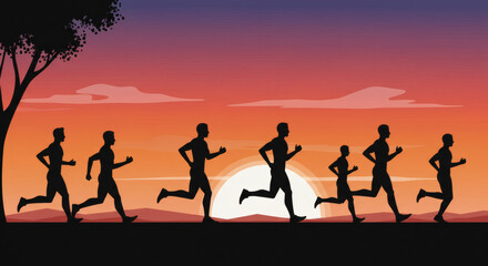 Young men running at sunset on the road.Sports topic with healthy lifestyle.Concept of health, slimming and maintaining youth.