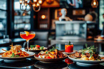 Fototapeta premium Delicious Dishes and Drinks in a Stylish Restaurant