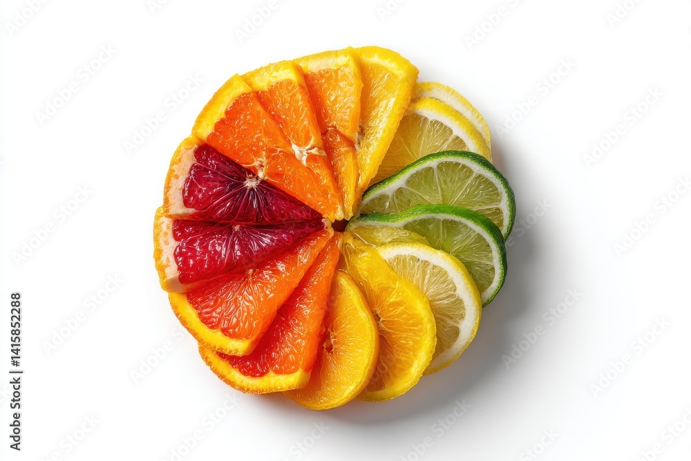 Poster Citrus fruit slices arranged in a colorful pattern of oranges, lemons, and limes creating a visually appealing display on a white background. Perfect for juice ads.