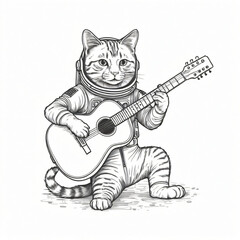 "Vector line art of astronaut cat playing guitar"

