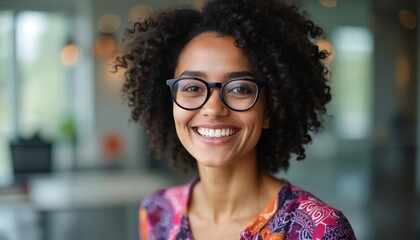 Smiling black woman wearing glasses in modern office. Happy, confident worker with curly hair. Professional, businesswoman, positive female person looking at camera, indoor.