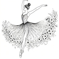 "Elegant line art of a ballerina made of flowers"


