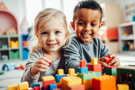 Two Children Playing with Colorful Building Blocks