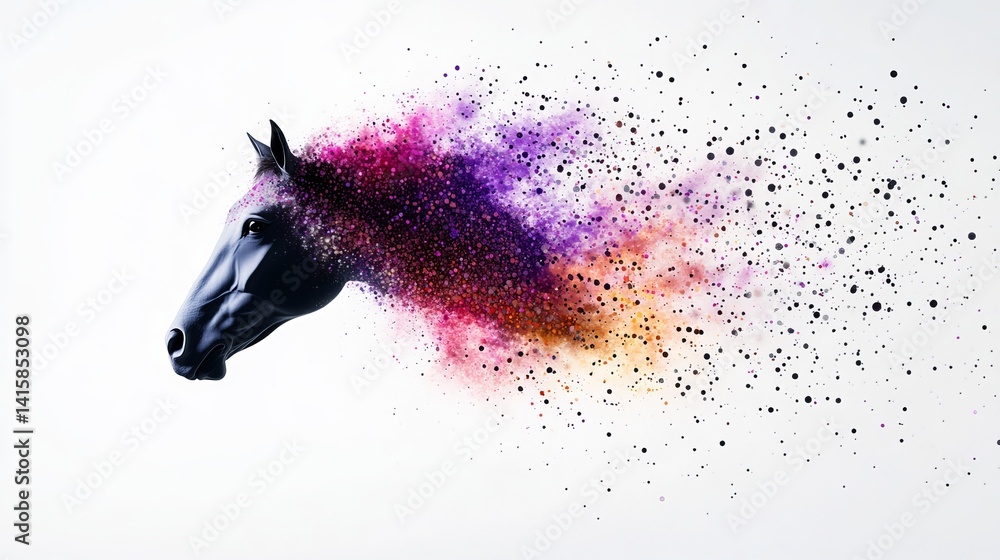 Poster black horse head transforms into colorful particles on a clean white background, creating an effect 